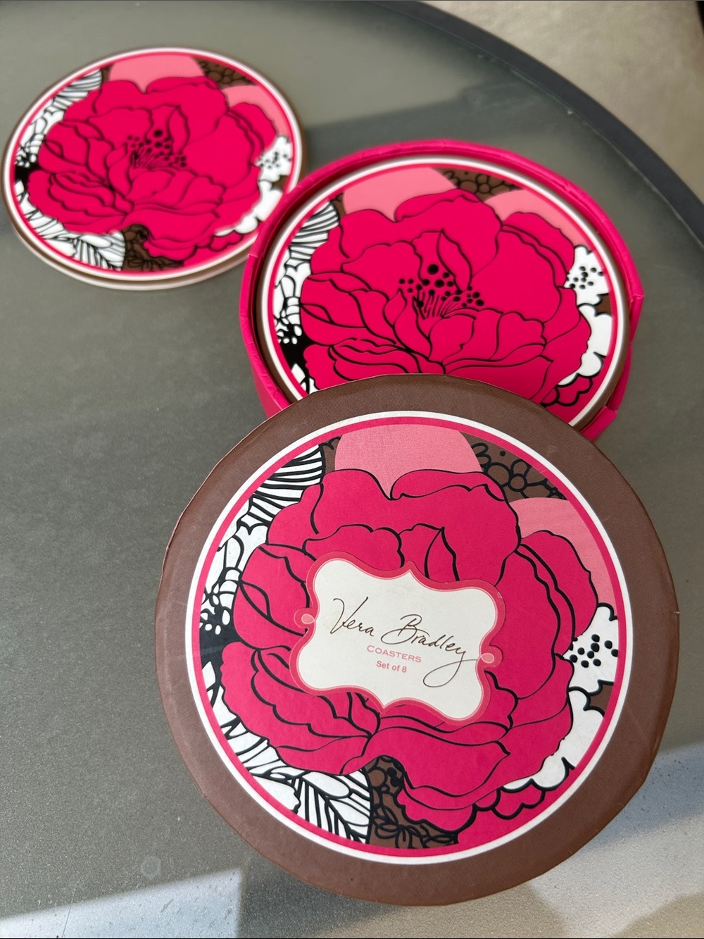 Vera Bradley Bold Pink Floral Coaster Set in Mocha Rouge